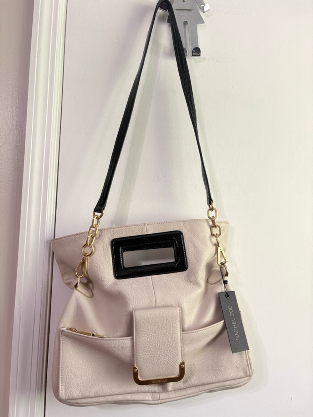 Rachel Zoe Cream Leather Shoulder Bag with Black Strap New